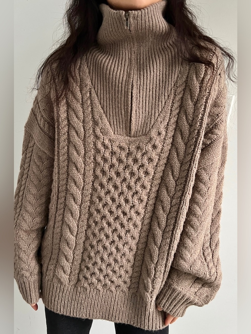 OAK + FORT Cable Knit Half-Zip Turtleneck Sweater Set in Taupe